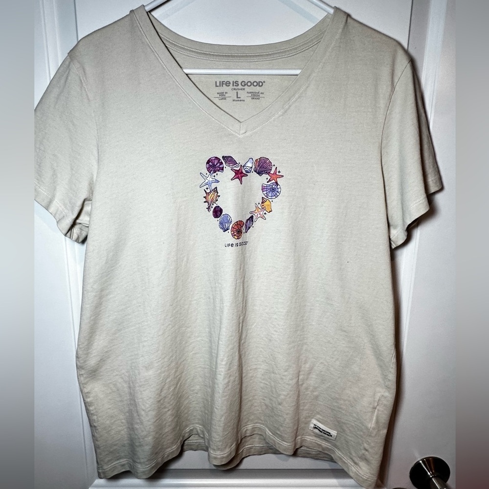 Life Is Good Cream T-Shirt with Shells Beach Themed